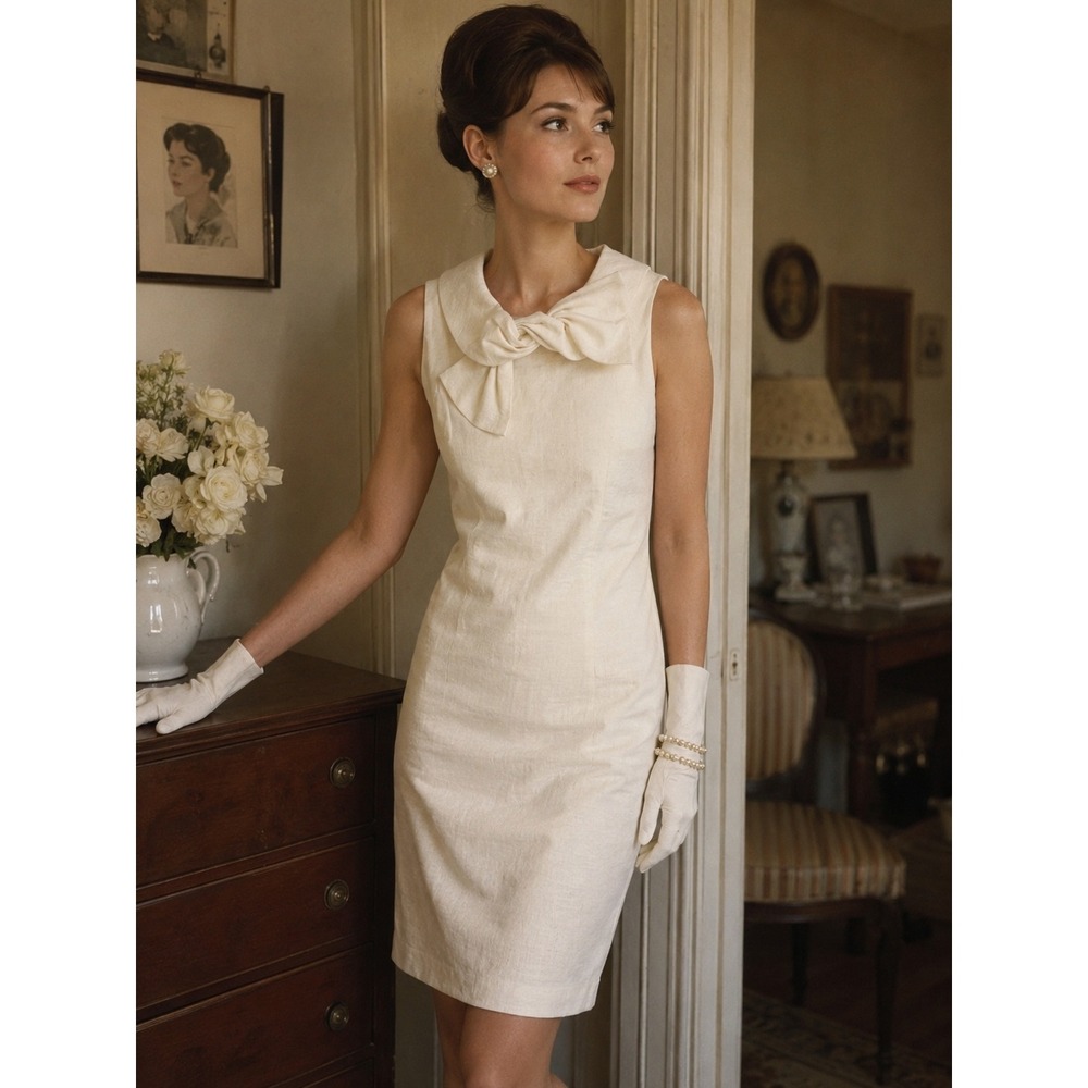 Sara Campbell Ivory Linen‎ Bow Portrait Collar Sheath Dress Size 4 Made in USA